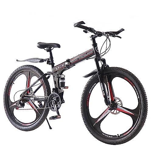 Adult Folding Mountain Bike: Dual Suspension, 3-Spoke Wheels, 21 Speed