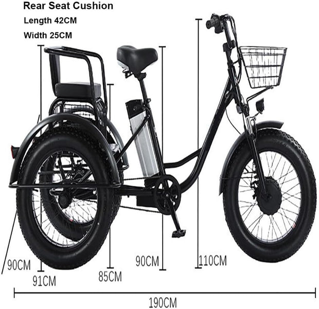 Foldable Electric Tricycle, 20-Inch Fat Tire, 500W Motor, Removable 48V Battery, Basket