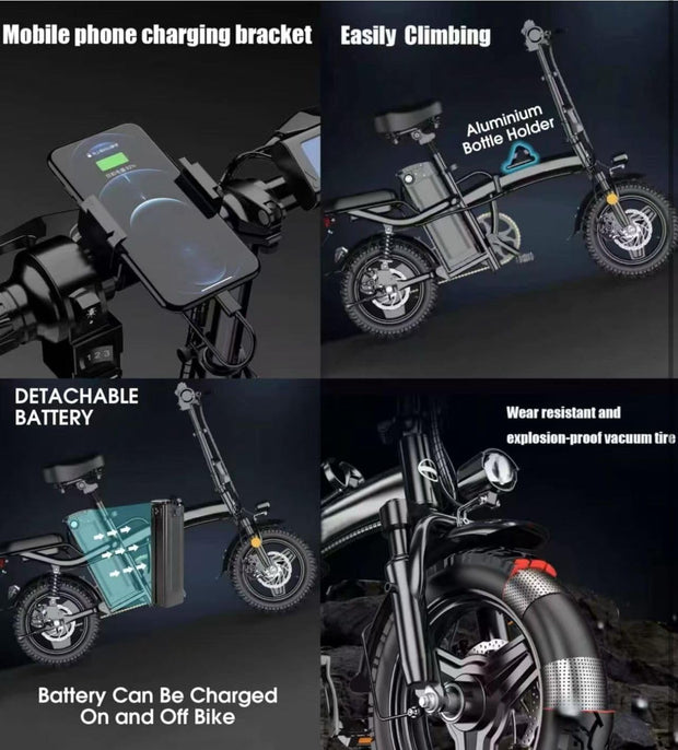 14-inch Foldable Electric City Bike, 48V 10Ah Battery, 250W Motor, Triple Suspension