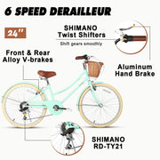 Glerc Missy Girls' 6-Speed Hybrid City Cruiser Bike with Wicker Basket