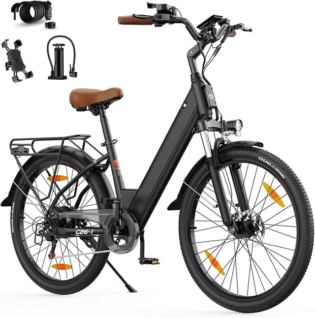 AOIHO 26" Electric City Commuter Bike, 48V Battery, 250W, 7-Speed