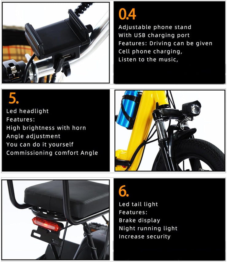 HpLNDas Folding Electric Adult Tricycle, 14-inch Wheels, Passenger Seat & Basket, 48V