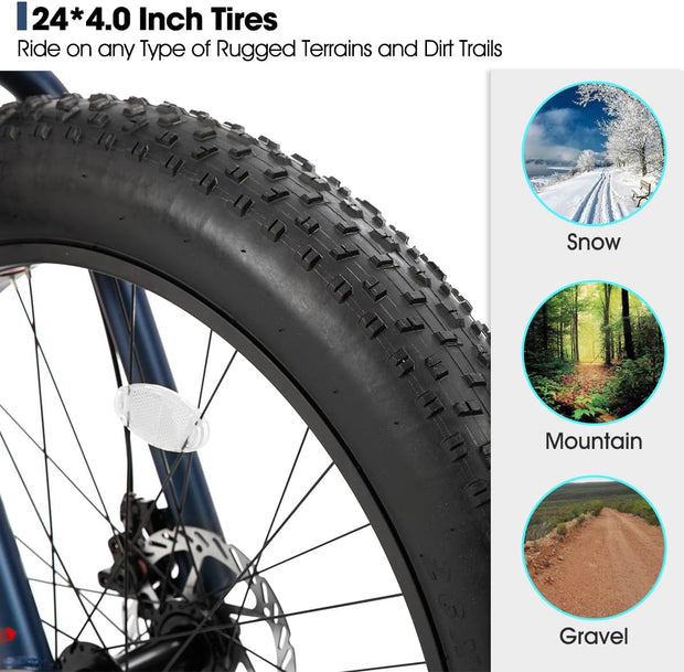 Hiland Fat Tire Mountain Bike, 7-Speed Dual Disc Brake, Youth Beach Snow Bike