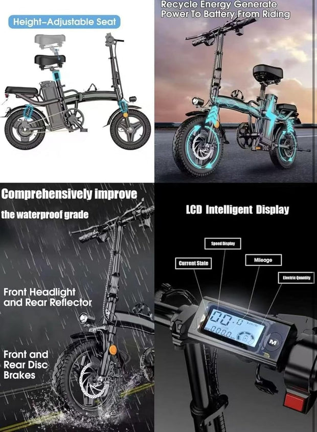 14-inch Foldable Electric City Bike, 48V 10Ah Battery, 250W Motor, Triple Suspension