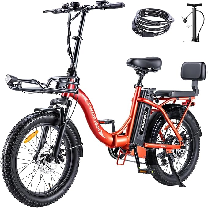 TWOFISH Folding Electric Bike: Adults, 36V Battery, 20-inch Fat Tires, Dual Seat