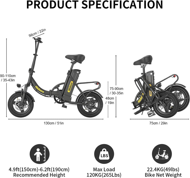 Hidoes C5 Portable Folding Electric Bike, 14-inch Wheels, Long Range Battery