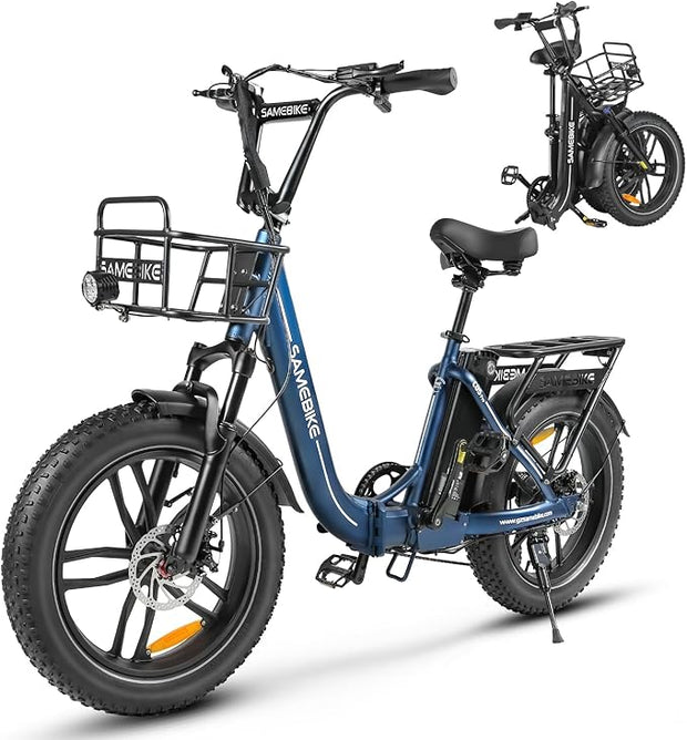SAMEBIKE 20" Fat Tire Foldable Electric E-Bike, 7-Speed, Dual Suspension for Adults