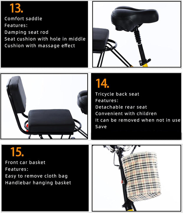 HpLNDas Folding Electric Adult Tricycle, 14-inch Wheels, Passenger Seat & Basket, 48V