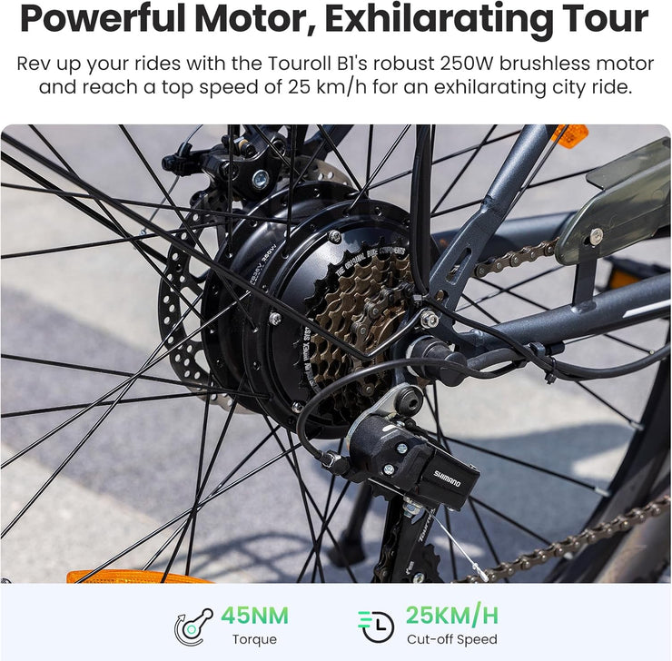 Touroll B1 26" Electric City Bike, 7-Speed, Removable 15.6Ah Battery