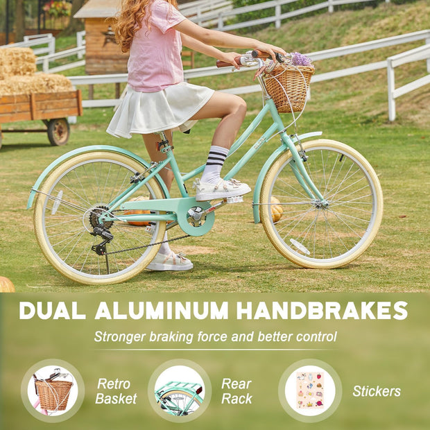 Glerc Missy Girls' 6-Speed Hybrid City Cruiser Bike with Wicker Basket