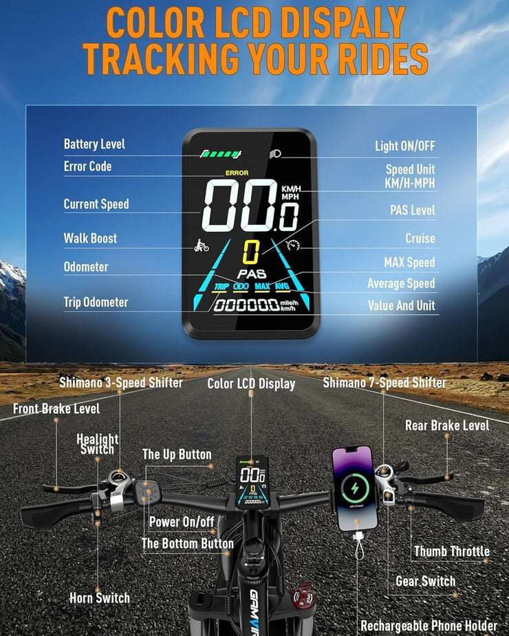 V7 Electric Fat Tire Mountain Ebike: 52V Battery, 21-Speed, Dual Hydraulic Brakes