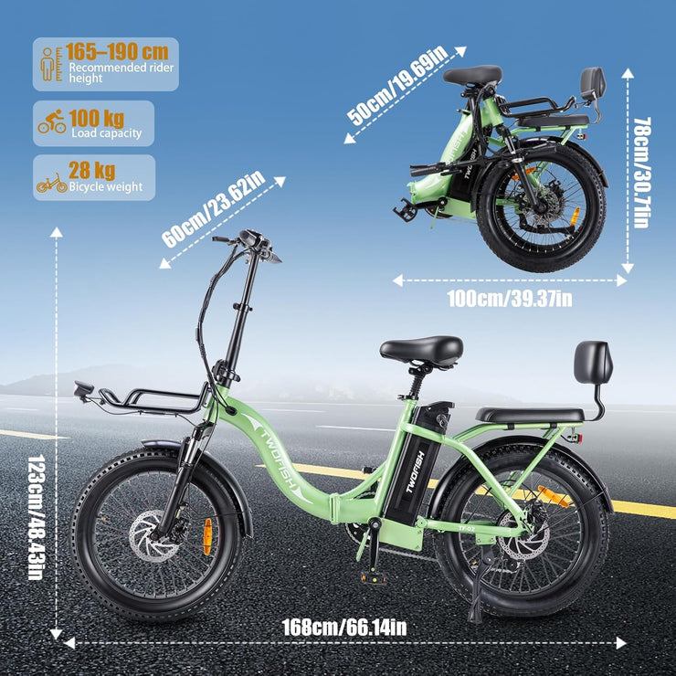 TWOFISH Folding Electric Bike: Adults, 36V Battery, 20-inch Fat Tires, Dual Seat