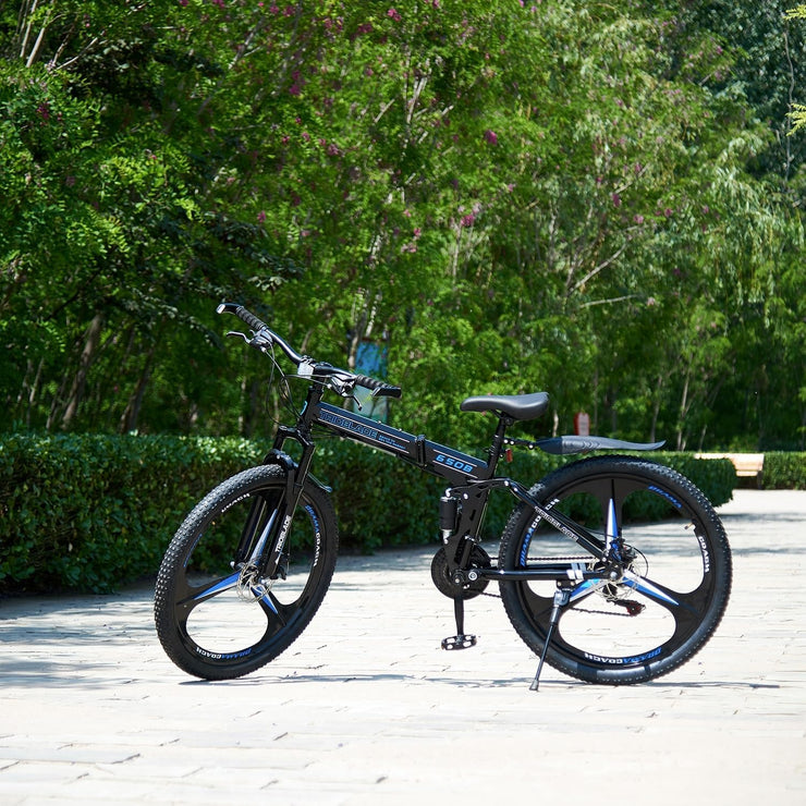 Adult Folding Mountain Bike: Dual Suspension, 3-Spoke Wheels, 21 Speed